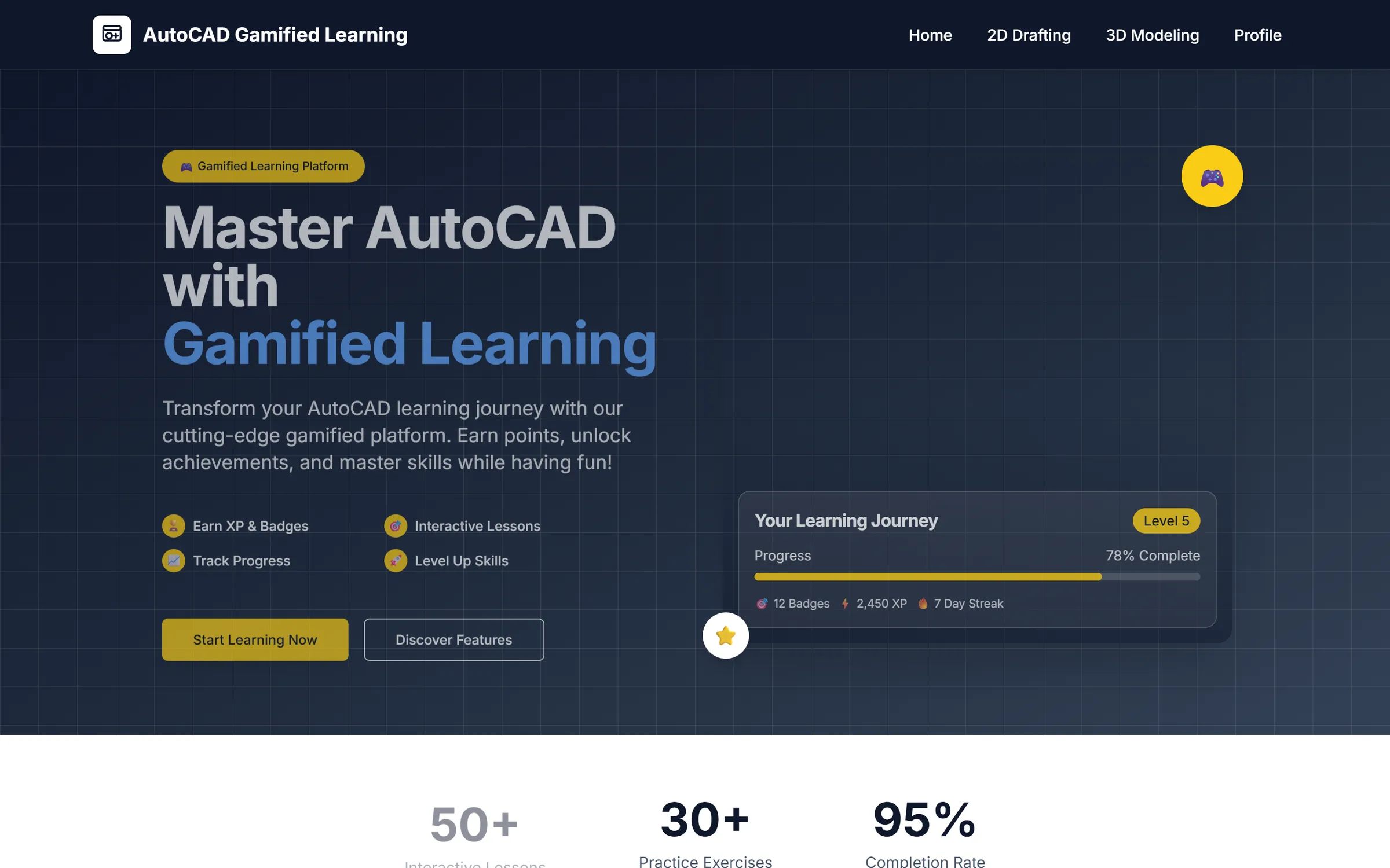 CADQuest home: gamified AutoCAD learning