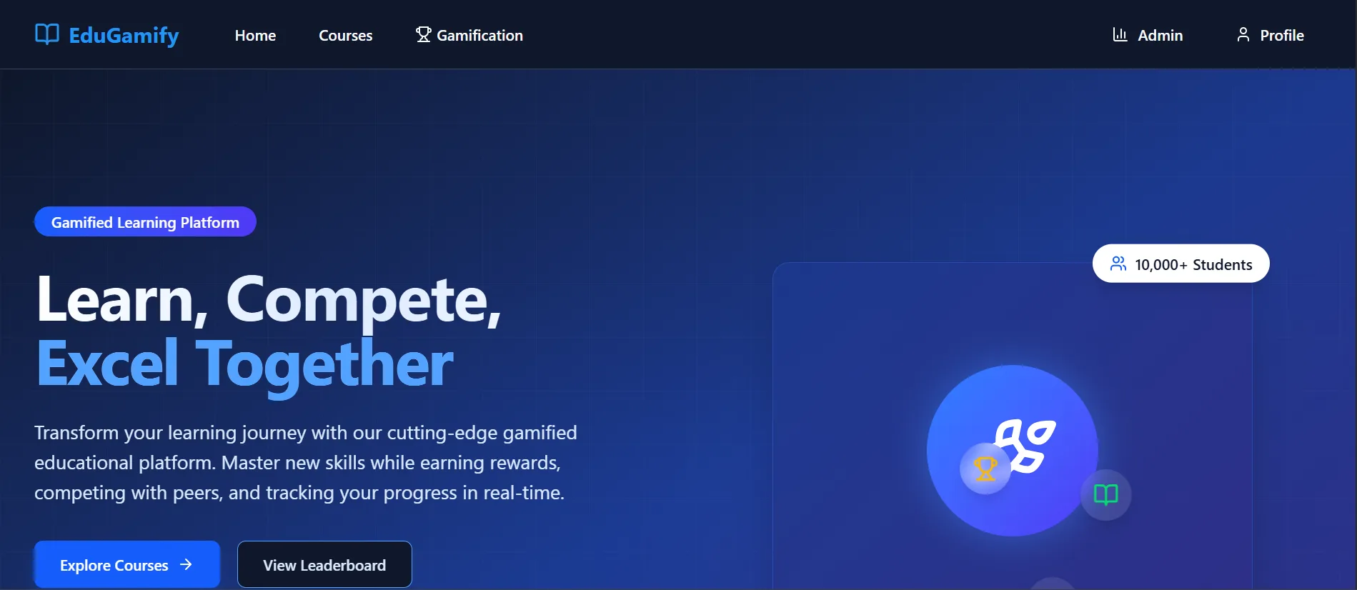 EduGamify home: learn, compete, excel together