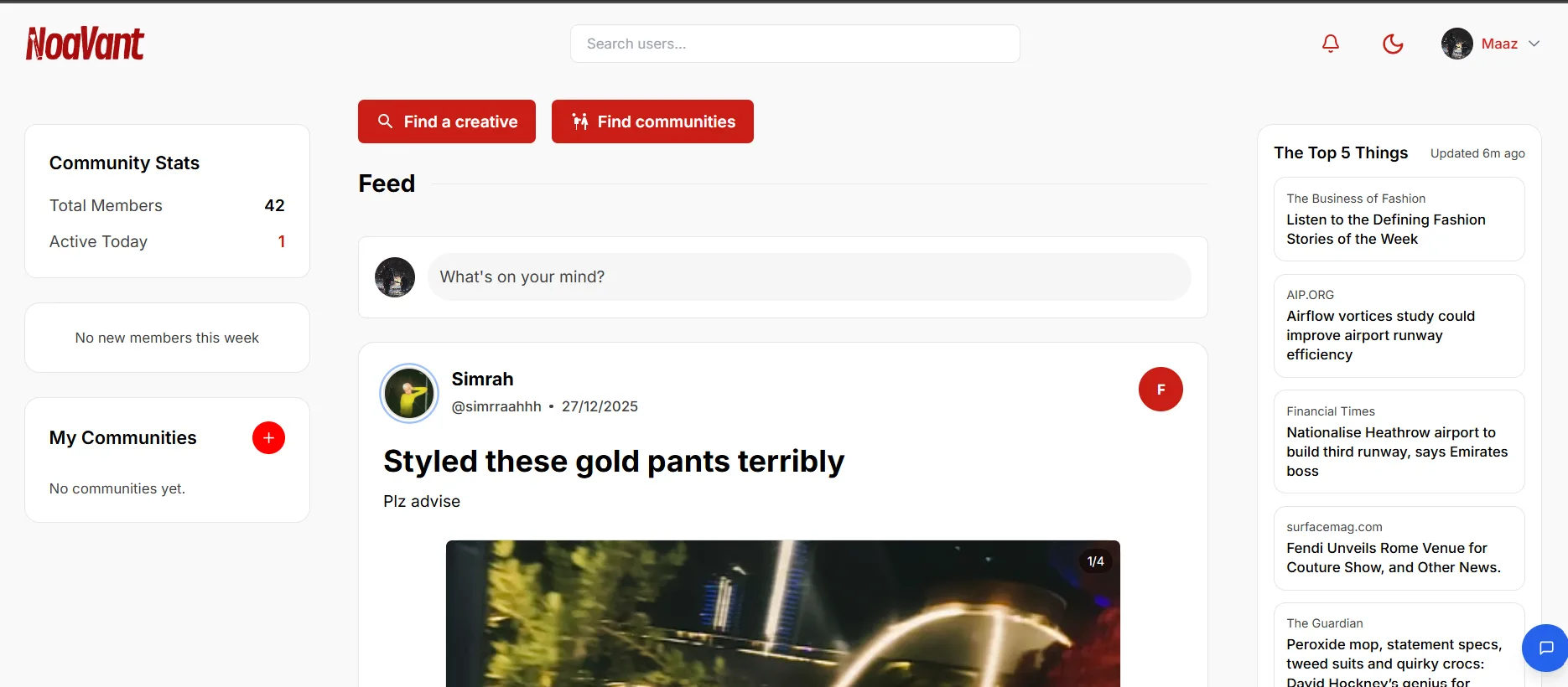 Home feed with community stats and fashion news