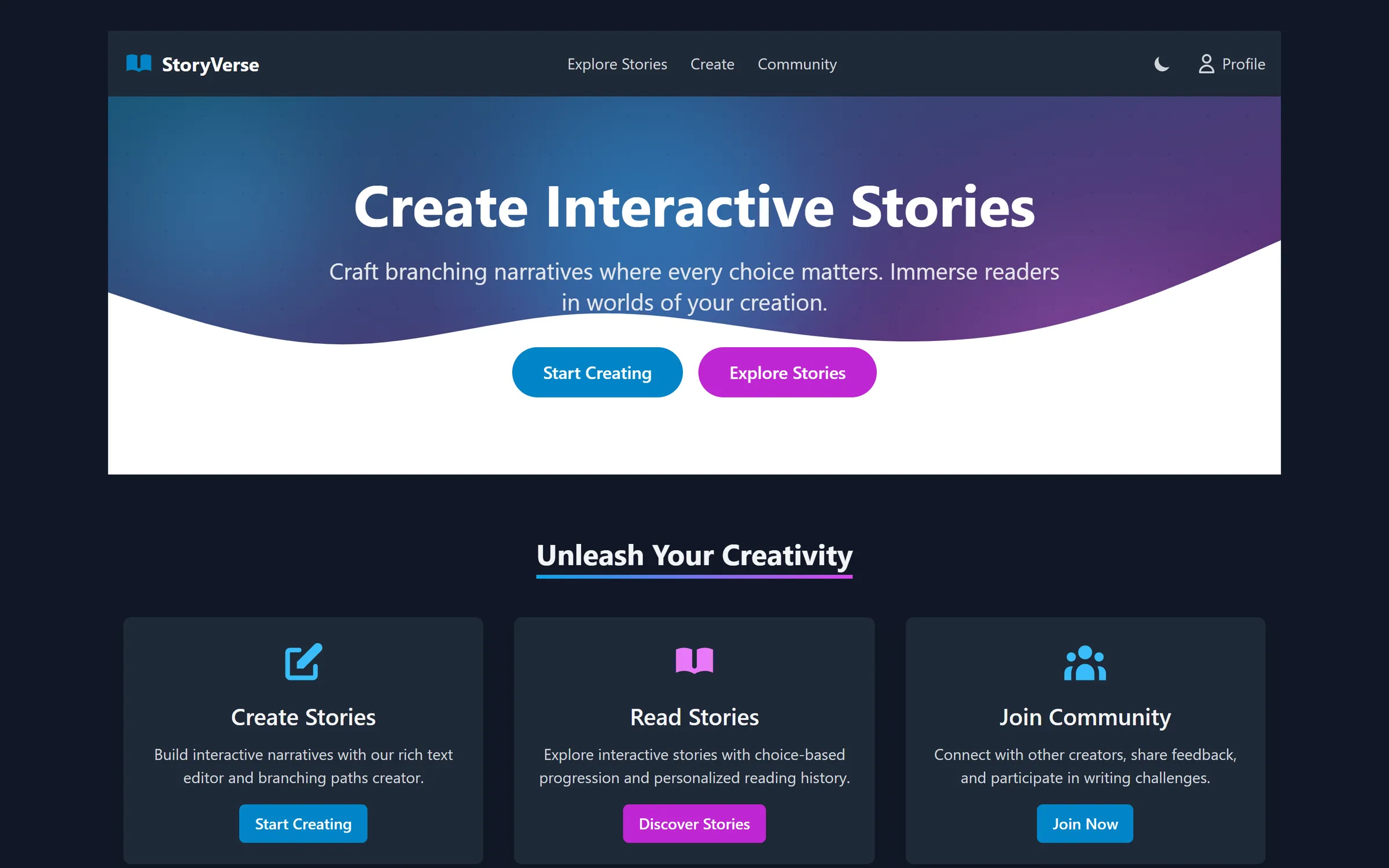 StoryVerse home: create interactive stories