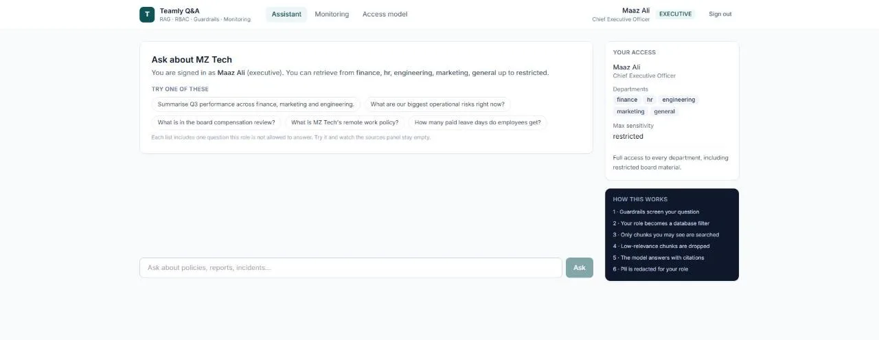 Assistant view showing the signed-in role’s access scope